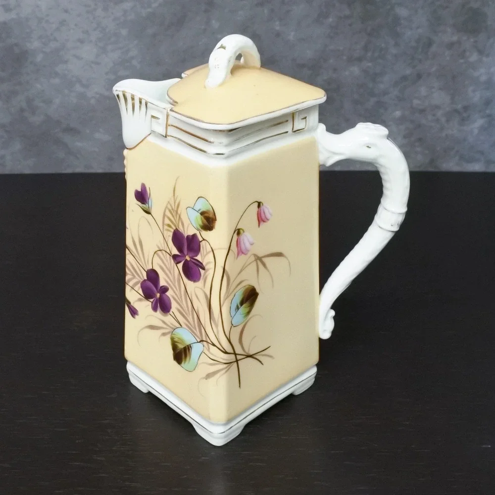 Antique Hand Painted Violet Floral Porcelain Coffee Pot
